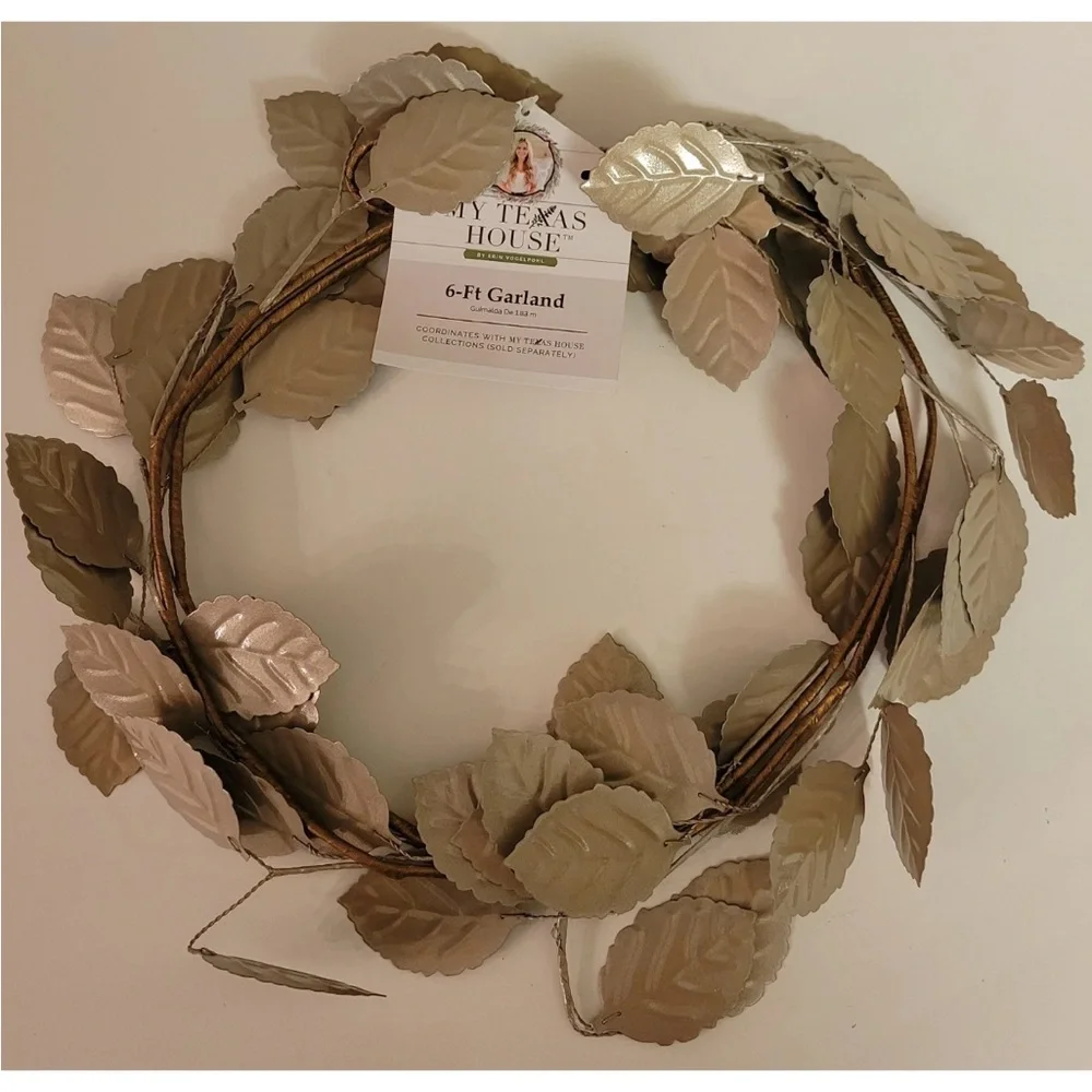 My Texas House Garland Metal Leaf Leaves 6 Ft Champagne Lt Taupe Wired Decor